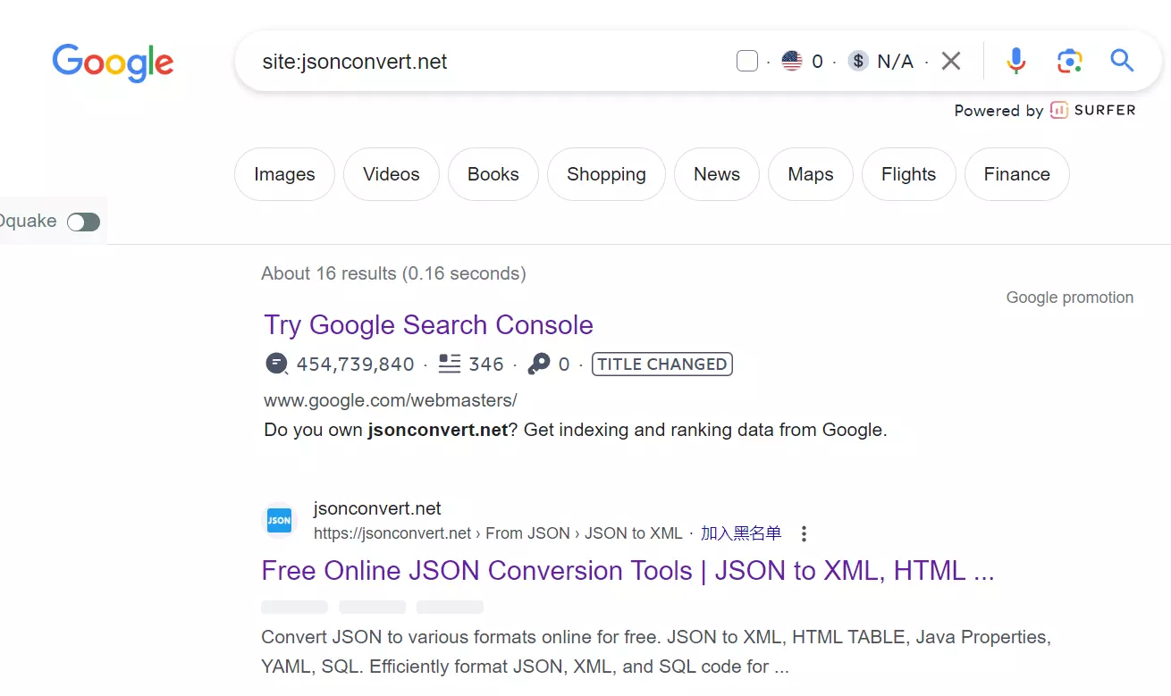 jsonconvert.net的Google收录结果